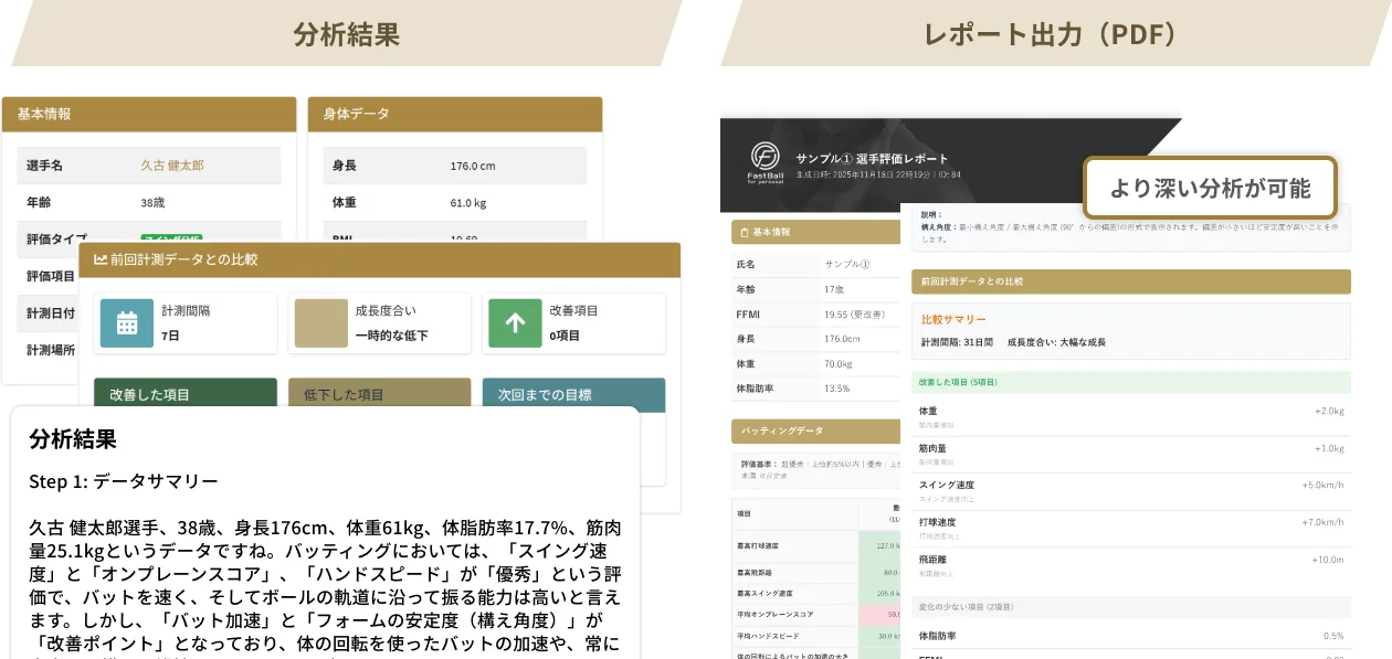分析レポートの例(分析結果の画面と、出力されるPDFレポート)