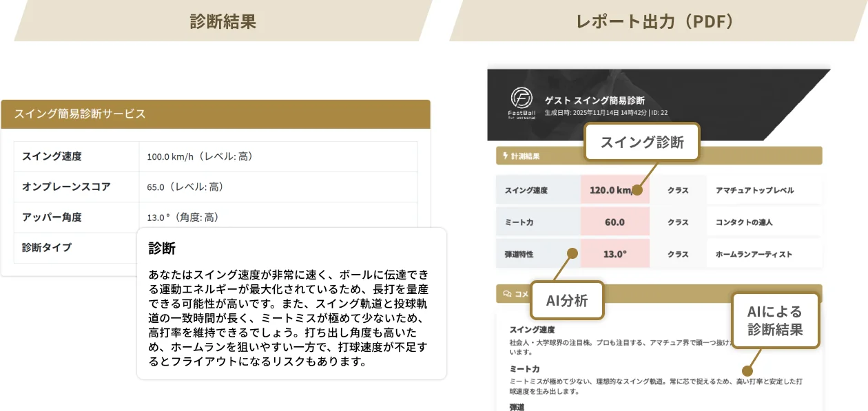簡易診断レポートの例(診断結果の画面と、出力されるPDFレポート)